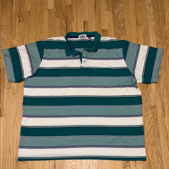 On Your mark Turquoise and White Horizontal Striped Polo Shirt Front Pocket - Picture 1 of 5
